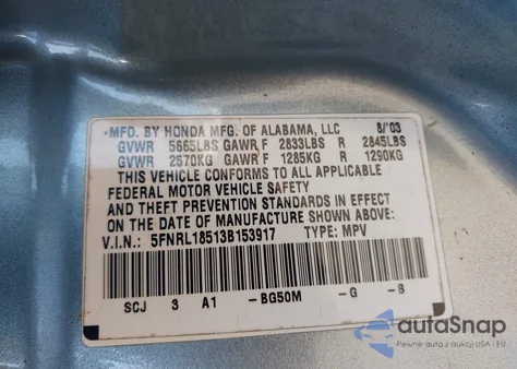 2003 Honda Odyssey Lx from USA, damaged, VIN 5FNRL18513B153917